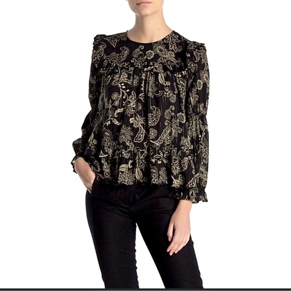 NEW Blouse Boho Tiered Ruffle Hem Swing Long Sleeves Crew Neck Elastic Cuffs - Picture 8 of 16